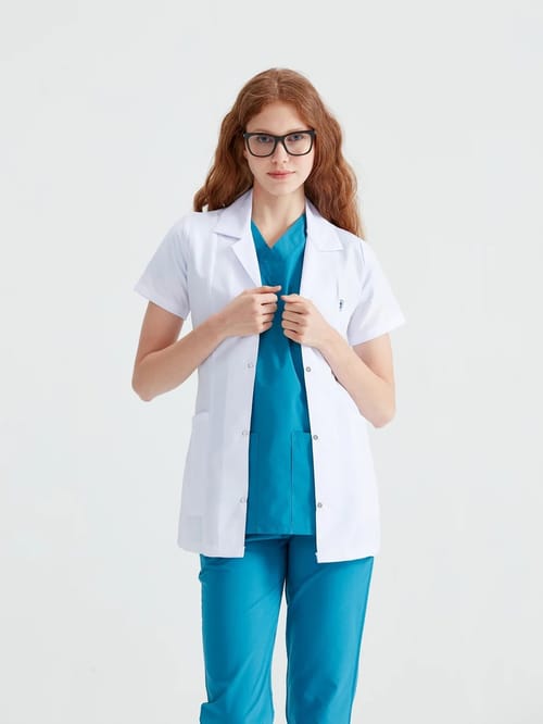 Halat medical scurt alb femei, maneca scurta, guler rever DMO-A04 M