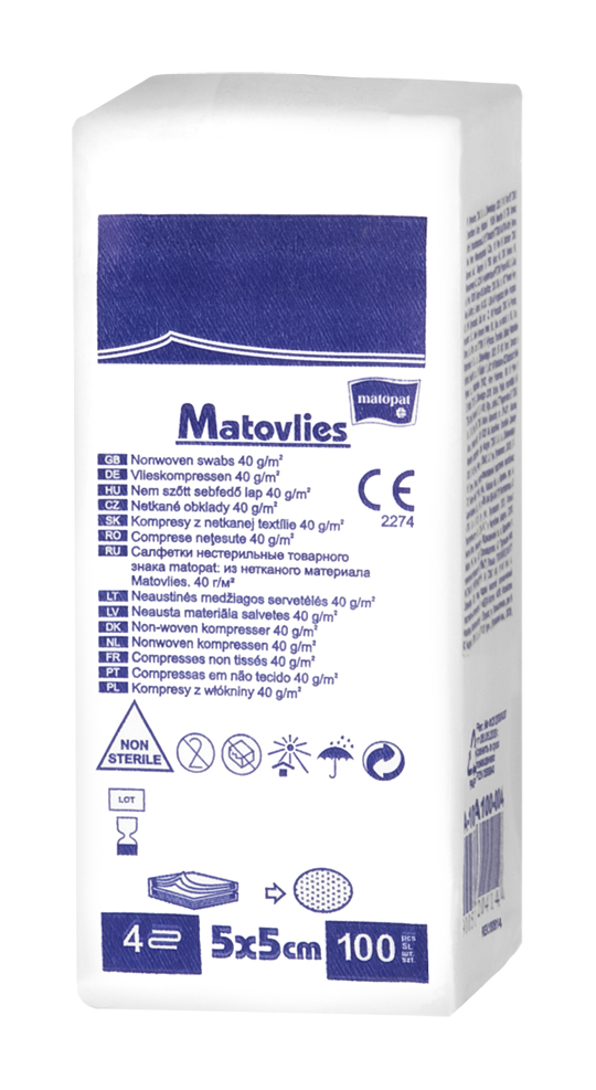 Matovlies comprese nesterile, neţesut, 5x5 cm 40 gr a'100